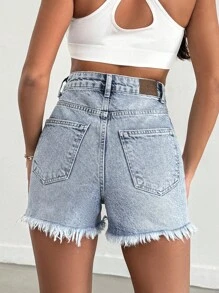 EURMUSE 100%Cotton Mini Heavy Destroy Short With Back Label Detail - Medium Wash - View 2