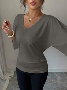 Selianne 女士休闲纯色蝙蝠袖 V 领 T 恤，适合日常穿着 - 灰色 - 查看 6