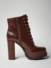 SHUZIA Bottines femme à lacets, à plateforme double et semelle crantée, à talons épais - Marron fonçé - Voir 7