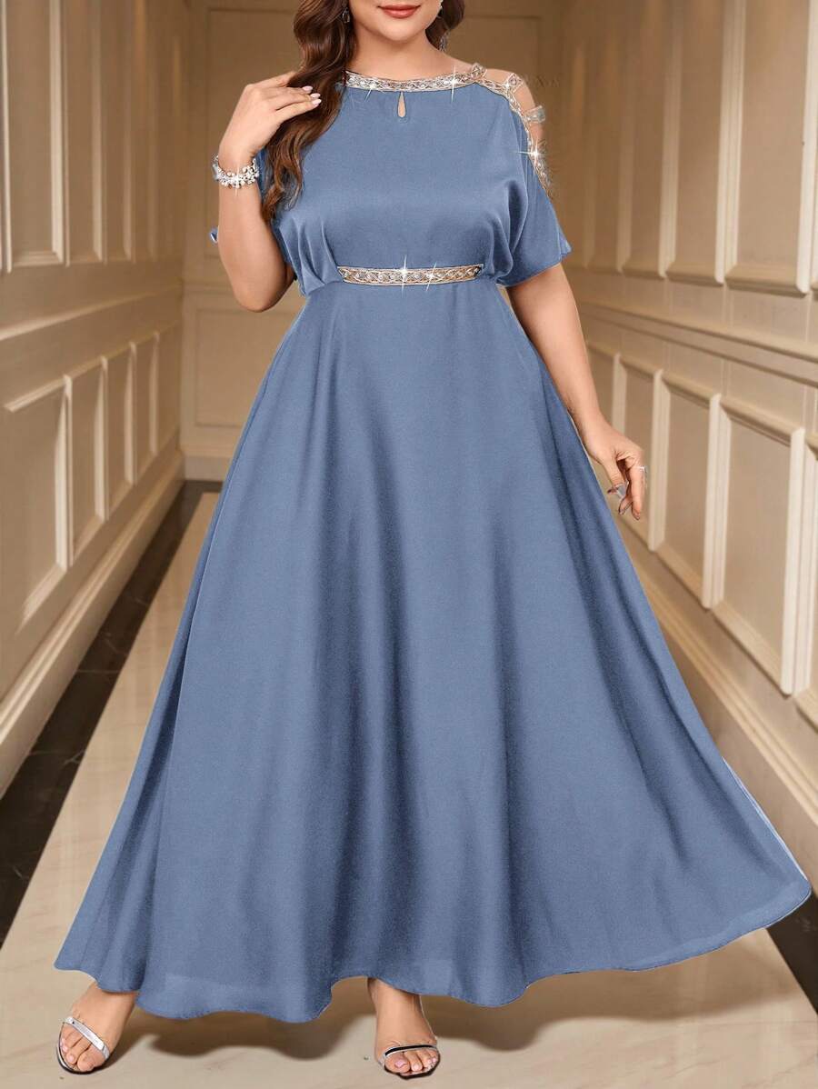 SHEIN Clasi Đầm thời trang thanh lịch đính đá Rhinestone cỡ lớn khoét sâu - Màu xanh bụi bặm - Xem 1