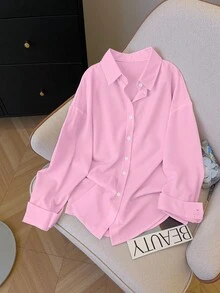 INAWLY Women's Plus Size Simple Casual Solid Color Front Button Long Sleeve Shirt - Pink - View 5