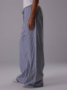 MUSERA Pantalones anchos con cordón a rayas, estilo de vacaciones de verano casual y elegante, pantalones de lino para playa, atuendo colectivo de oficina para mujeres - Negro - Ver 4