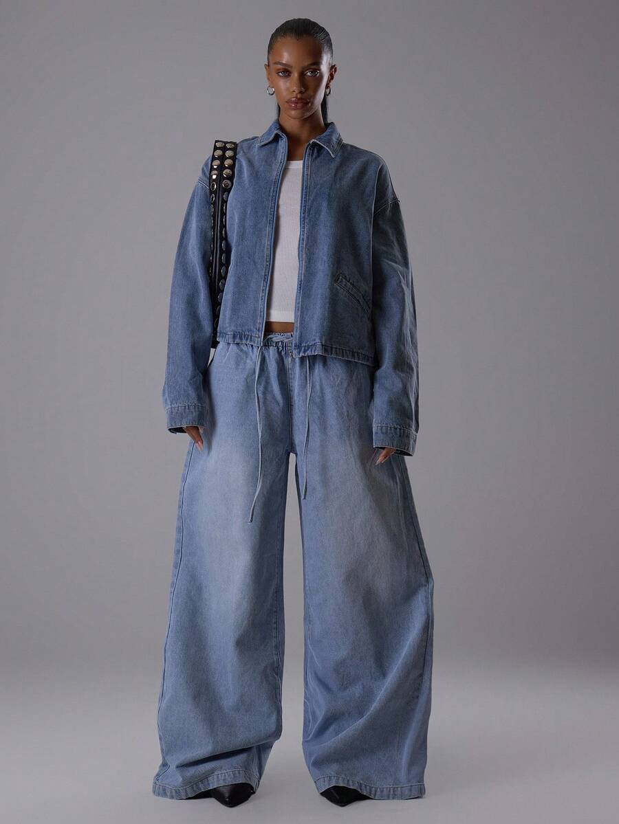MUSERA Drawstring Denim Trousers Spring 90's Y2k Cute Elegant Casual Vacation Summer Western Holiday Concert Rave Winter Chic - Blue - View 1