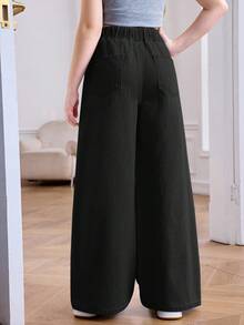 SHEIN 少女夏季浅色水洗抽绳腰阔腿休闲牛仔裤，适合日常穿着，夏季弹力腰带舒适阔腿裤，夏季海滩波西米亚风度假休闲装，适合锐舞音乐会等场合，阔腿裤，宽松裤，黑色阔腿裤，适合8-12岁女孩，秋冬季阔腿裤 - 黑色 - 查看 2