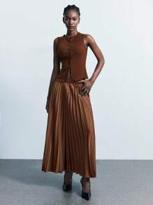 Maija Modern City Rust Brown Ribbed Sleeveless Button Up Tank Top,Summer Casual Occasion Cardigan Top For Women,Back To School Night Out Old Money Style - Coffee Brown - View 5