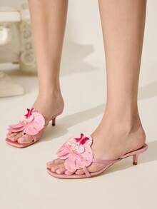 CUCCOO CHICEST 女士黄色鸢尾花装饰方头低跟猫跟优雅凉鞋，适合度假、约会、海滩、波西米亚风格、夏季 - 粉色 - 查看 4