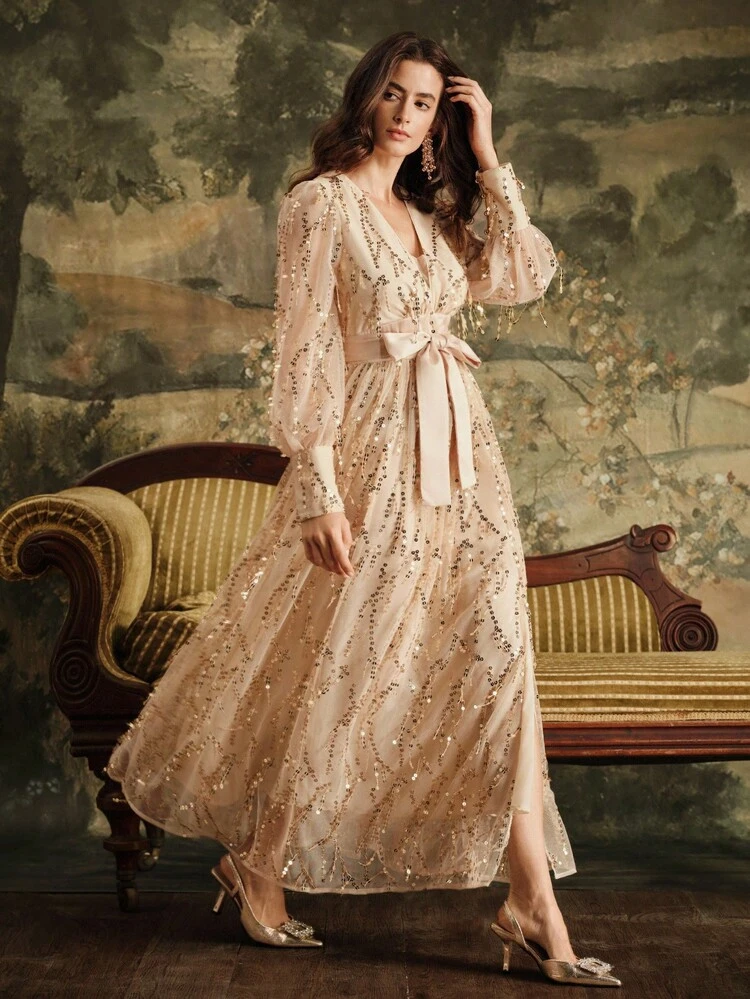 Elegant V-Neck Sequin Embroidered Tie-Waist Dress, Romantic Long Dress For Women, Suitable For Fall, Winter, New Year, Party, Wedding