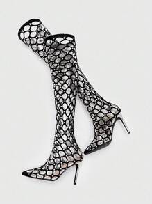 CUCCOO SZL 女士水钻装饰镂空设计情人节黑色时尚迷人尖头细高跟袜靴户外度假鞋派对坏人时尚别致华丽风格圣诞迪斯科派对夜间外出坏人秋季新年假期 - 黑色 - 查看 5