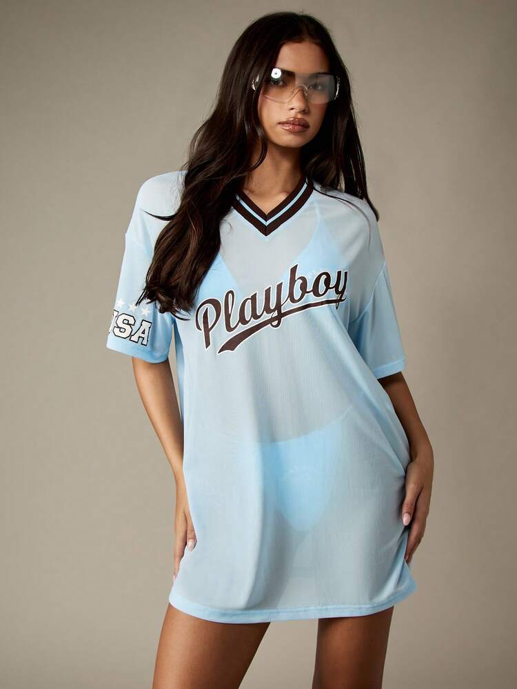 Missguided x Playboy Classic Cover Up Baseball Jersey Night Shirt Loose Fit Oversized Beach Loungewear Mini Dress Summer Lounge Beachwear, Vacation Outfit