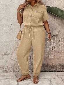 Linhara Áo liền quần ống rộng có nút cài và túi dành cho nữ cỡ lớn - Màu Khaki - Xem 1