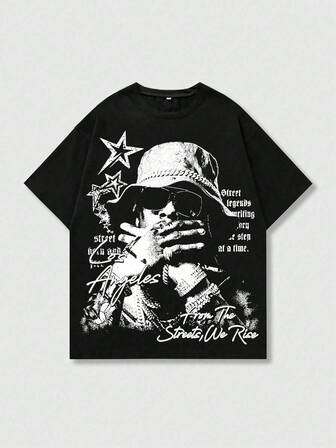 Grunge Punk Maglietta a maniche corte con stampa da uomo, adatta per uso quotidiano in primavera/estate, stile anni 2000