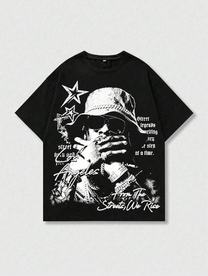 Grunge Punk Herren bedrucktes Kurzarm T-Shirt, geeignet für Frühling/Sommer Alltagstragen, 2000er Jahre Stil