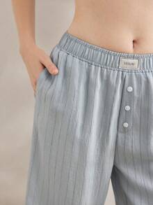 Ocili 女式秋季条纹直筒睡裤 - 藍色 - 查看 5