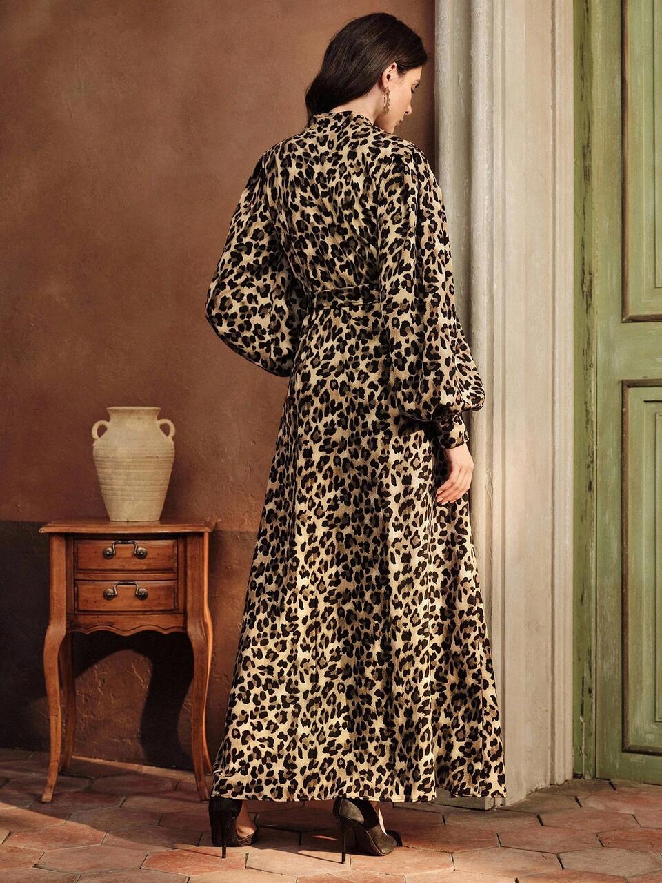 Anewsta 70s Elegant Rainbow Leopard Print V-Neck Lantern Sleeve Button Front Dress,Autumn Party Wedding Chic Stylish Christmas Festival New Year Winter Dress