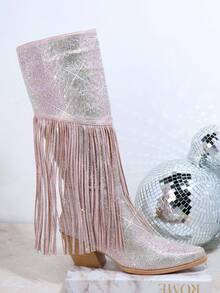 SHUZIA Fringe Decor Side Zip Chunky Heeled Boots - Pink - View 4