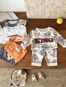 SHEIN 3 件套男童卡通狮子印花长袖套装，活力风格儿童休闲装，适合所有季节 - 彩色 - 查看 5