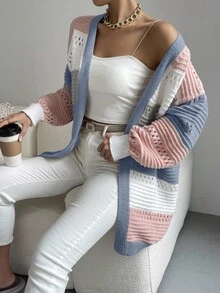 SHEIN EZwear 大码休闲拼色条纹镂空针织开衫，秋冬 - 彩色 - 查看 1