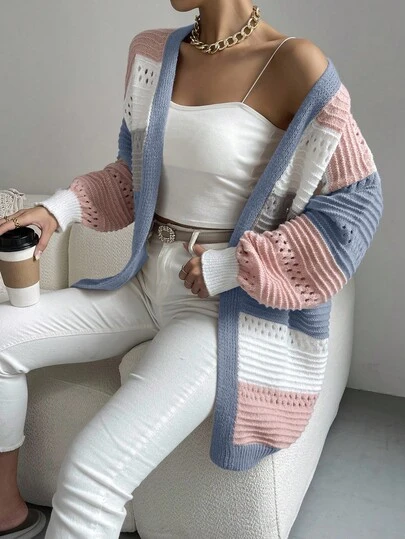 SHEIN EZwear 大码休闲拼色条纹镂空针织开衫，秋冬