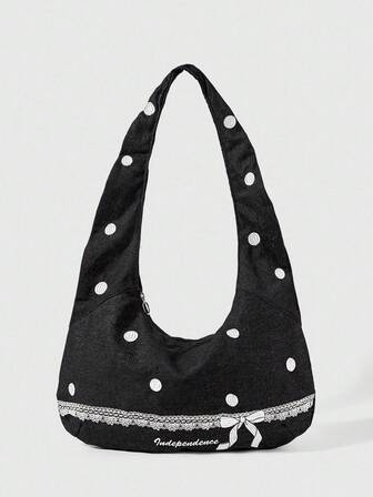 Kawaii 1 pieza Bolso de lona con bordado de lunares clásicos en blanco y negro, estilo minimalista vintage, 1 pieza Bolso de gran capacidad tipo tote con lazo lindo, estampado de letras, adecuado para uso diario y compras
