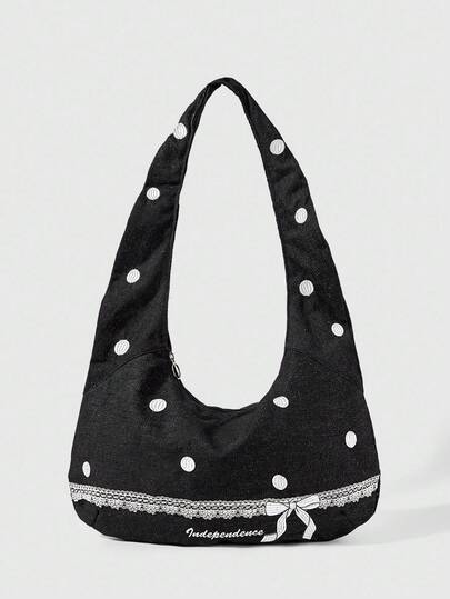 Kawaii 1pc Vintage Minimalist Classic Black & White Polka Dot Embroidered Plain Canvas Shoulder Bag, 1pc Sweet Lady Cute Bowknot Lace Letter Print Large Capacity Tote Bag, Suitable For Daily Commute And Shopping