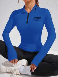 SHEIN Core Rhythm Damen Minimalistisches Buchstaben-Muster Viertel-Reißverschluss Langarm Sport Poloshirt