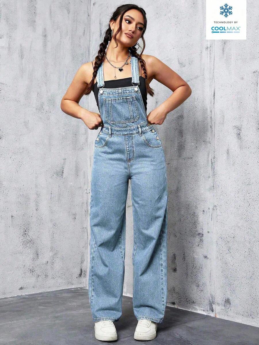 SHEIN ICON Coolmax女款時尚簡約寬鬆寬腿牛仔背帶褲 - 淺色水洗藍 - 查看 1