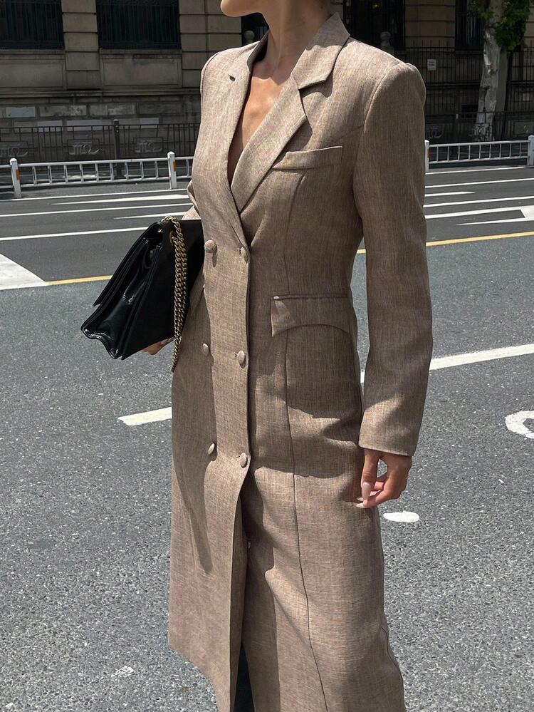 Women's Elegant Blazer Collar Faux Pocket Mid-Length Dress, Autumn Long Sleeve Dress