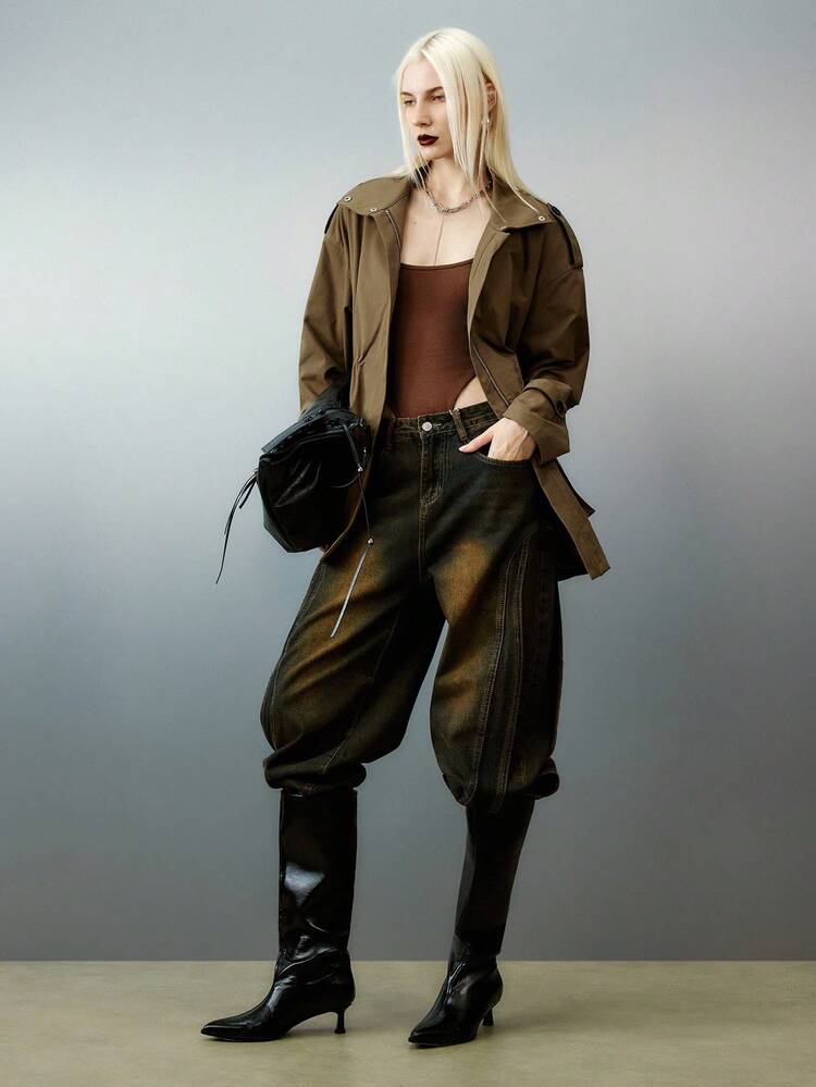 Airlisse Casual Stand Collar Drawstring Waist I-Shaped Design Trench Coat - Brown - View 2