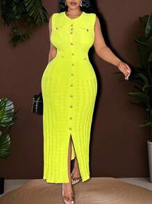 Veslaya 大码女式无袖荧光绿单排扣修身优雅针织连衣裙，秋冬款 - 綠色 - 查看 9