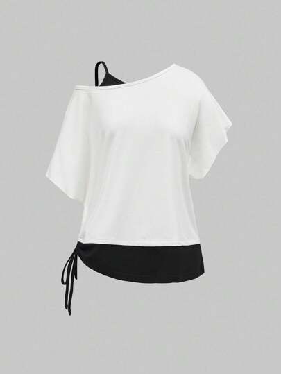 Grunge Punk Camiseta suelta de bloque de color asimétrica de hombro de estilo punk grunge en negro y blanco