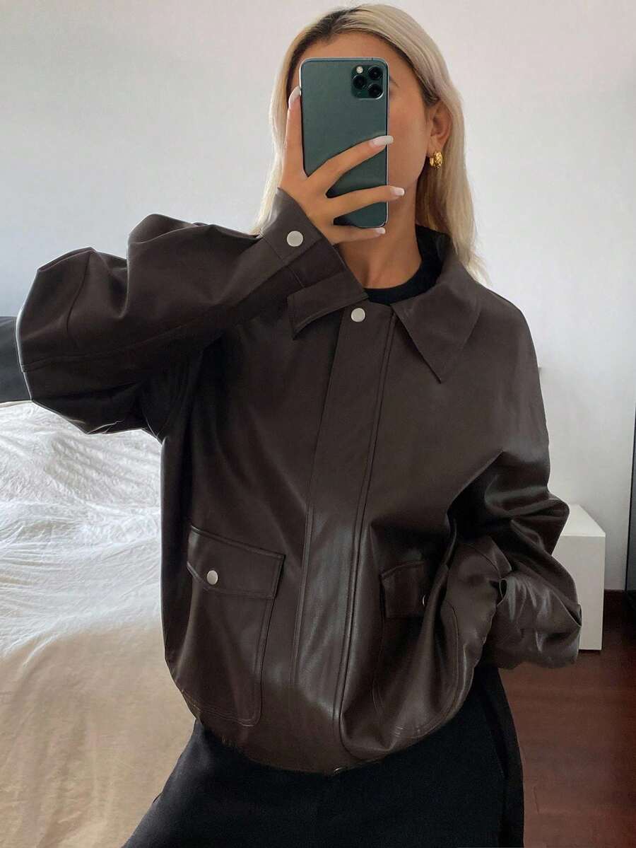 DAZY 女士宽松休闲加厚PU皮夹克，秋冬新款女式外套 - 咖啡棕 - 查看 1