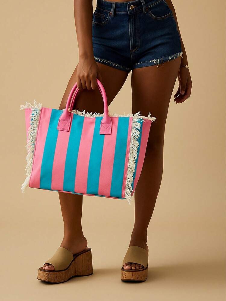 MISSGUIDED Striped Fringe Canvas Large Capacity Tote Bag