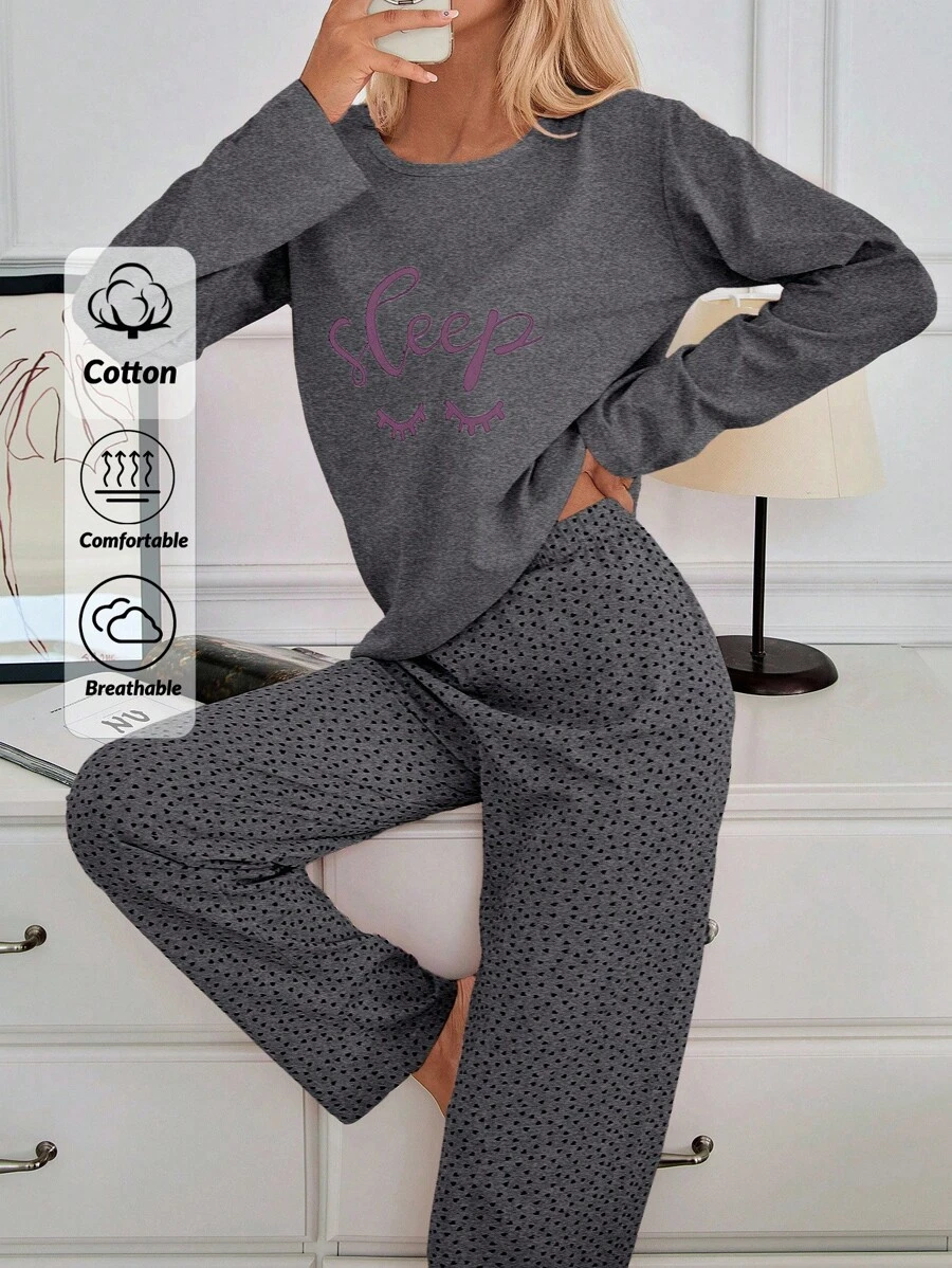 EURMUSE Plus 100% Cotton 2Pcs Eye&Heart Printed PJ Set Women S Pajama Women S Pajama Pants Women Pj Set Short Women Nighty Pj Tops For Women Pajama Set Women Long Sleeve Pajama Set Womens Pajama Set 2 Piece Pajama Set Women Sleepwear Set Women - Dark Grey - View 1