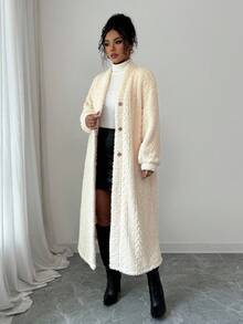 Elenzga Áo khoác cardigan dài có lớp lót giữ nhiệt, họa tiết lông mềm mại dành cho nữ, dáng rộng thoải mái - Màu be - Xem 5