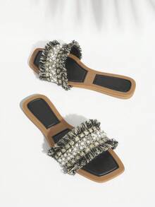SHUZIA Women's Rhinestone Decorated Fringe Flat Sandals - Black - View 3