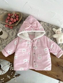 SHEIN 女宝宝休闲可爱兔子印花加厚长袖连帽棉衣，冬季 - 粉色 - 查看 5