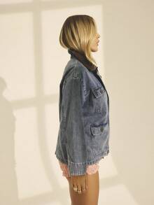 Aralina Áo khoác denim kiểu Tây Stockholm Y2K túi vá có cổ áo dây chi tiết mùa hè thu đông - Rửa trung bình - Xem 8