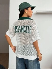 SHEIN PETITE 女士休闲镂空针织短袖上衣，假日，夏季，外出上衣，复古女式上衣，学院风上衣，沙滩，度假，绿白配色，欧洲夏季，街头风，图案T恤，秋季 - 白色 - 查看 6