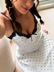 ZzzCrew 柔软触感针织睡裙，设计飘逸，中长款，舒适波尔卡圆点连衣裙，女士睡袍，夏季睡袍，细肩带睡袍，蕾丝边睡袍 - 白色 - 查看 2