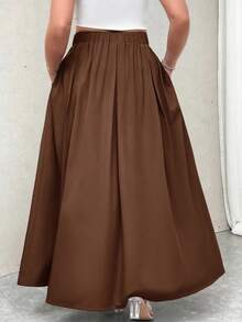 Firerie Damen Große Größen Grau Hohe Taille Maxi Plissee A-Linie Rock mit Taschen, Elastischer Bund, Herbst Schulanfang - Rostbraun - Übersicht 2