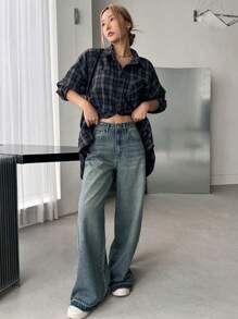 DAZY 女士宽松格子街头休闲校服衬衫，法兰绒女士长袖上衣