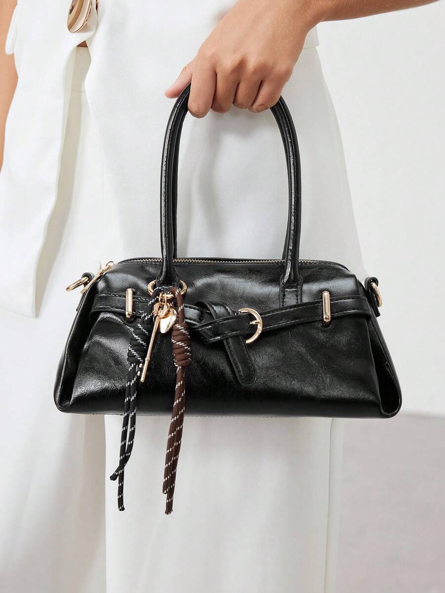 SHECARRY 时尚百搭简约韩版通勤香肠包手提包 - 黑色 - 查看 1