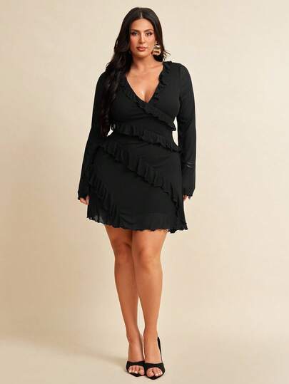 SHEIN BAE Plusstorlek långärmad klänning, romantisk söt volanghöstklänning för dejting, resor, höstinnerkläder, rosett, sommarklänningar för damer, festoutfit för kvinnor, elegant, födelsedagsoutfits, mesh, sexiga klänningar, födelsedagsklänning, skolkläder för flickor, sommaroutfits för flickor, höstkläder, skolkläder, halloween, vinter, y2k-kläder, vintage, semesteroutfits för kvinnor, plusstorlekar för dam, sommarklänningar för kvinnor, 4 juli-dam