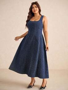 Elaquor 大码女式方领无袖优雅牛仔中长连衣裙，适合通勤