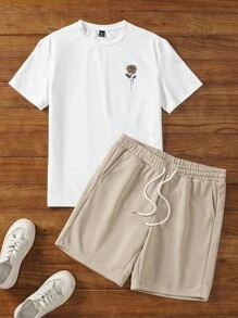 Manfinity NXTstreet Men's Floral Print Round Neck Short Sleeve T-Shirt And Drawstring Waist Shorts Knitted Casual Two-Piece Set, Cozy Outfits