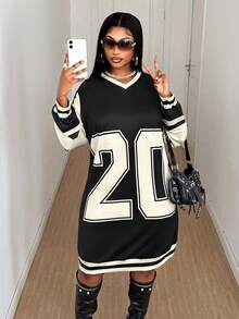 Plus Size Contrast Color Splice Number Print Dress Fall Cloth For Women - Black and White - View 5