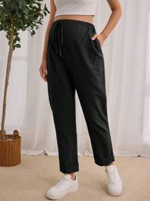 SHEIN Pantalones casuales de maternidad de unicolor simple con bolsillos y lazo delantero - Negro - Ver 5