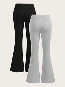 SHEIN EZwear Bộ 2 quần ống loe in họa tiết 89 cạp chéo màu đen và xám dành cho nữ, thích hợp mặc ở sân bay và dạo phố - Nhiều màu - Xem 2
