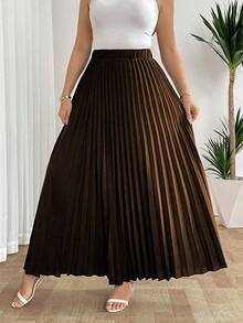 SHEIN Tall Elegant Casual Vacation Women's Loose Pleated Skirt With Elastic Waist, Black, Plus Size - Coffee Brown - View 4