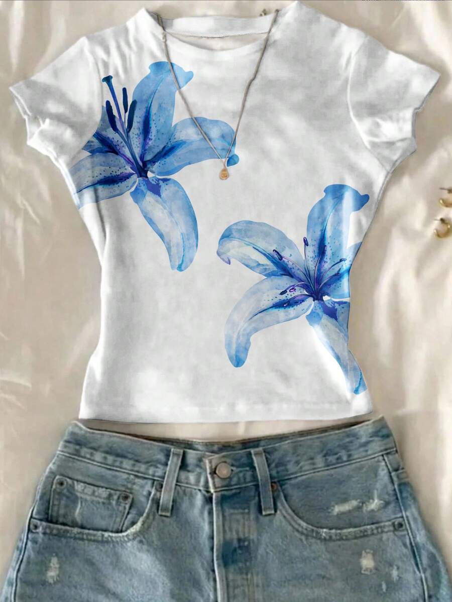 Attitoon Women's Crew Neck Short Sleeve Fitted Tee, Hibiscus Floral & Hawaiian Print, Suitable For Summer Vacation - Multicolor - View 1